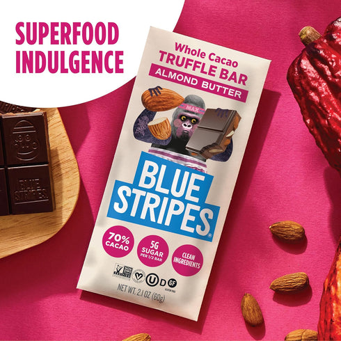 70% 2.1 OZ Blue Stripes - Almond Butter Whole Cacao Truffle Chocolate Bars, Cacao, Almond Butter, Healthy Chocolate