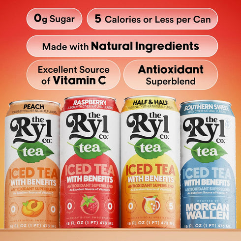 12-Pack, 16 Oz Ryl Iced Tea, Variety Best Sellers (Half & Half/Sweet tea/Peach/Raspberry) Zero Sugar, Antioxidant