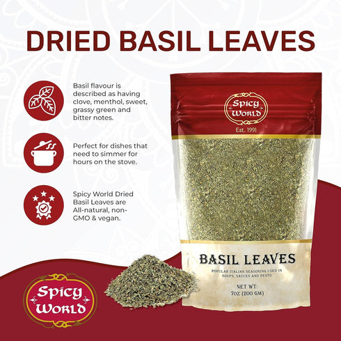 Spicy World 7oz (200g) Dried Basil Leaves - Natural, Non-GMO, Vegan, Ayurveda Herb - by