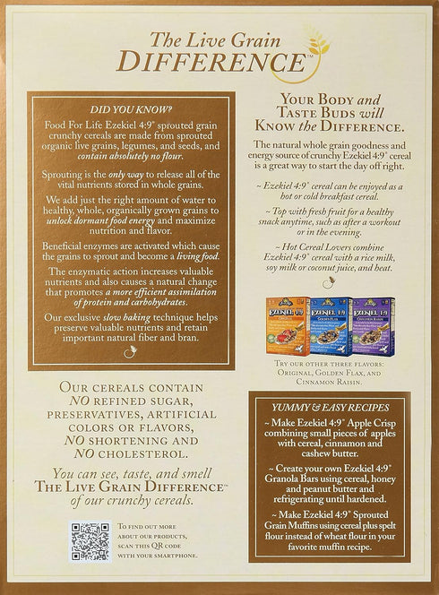 Food for Life 4:9 16 oz (Pack 3) Ezekiel Organic Sprouted Grain Cereal - Almond