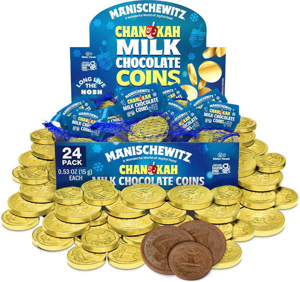Manischewitz Milk Chocolate Gold Coins, Hanukkah Gelt (24 Mesh Bags) Individually Wrapped