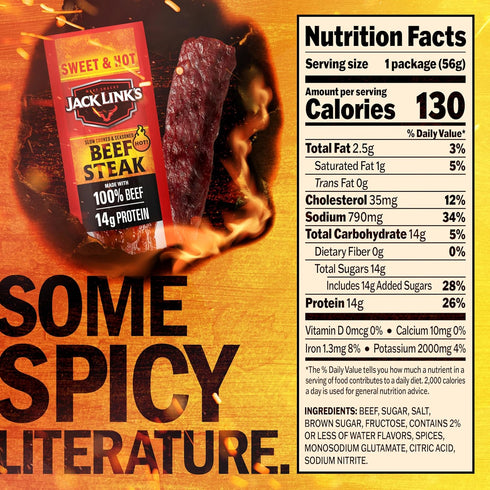 14g 100% Pack 2 Oz. (12 Count) Jack Link's Beef Steak, Sweet & Hot - Protein Snacks, Meat Snack with of Protein, Made