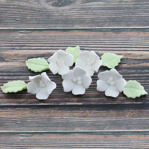 24 Count Global Sugar Art Blossoms and Leaves Edible Sugar Cake & Cupcake Flowers, White, Small Unwired, with Leaves by