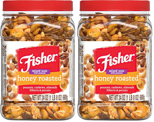 Fisher Snack Honey Roasted Mixed Nuts with Peanuts,24 Ounces,Peanuts,Cashews,Almonds,Filberts,Pecans,(Pack of 2)