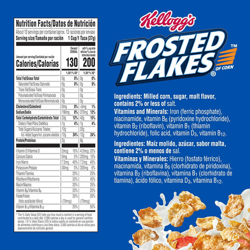 8 17.3oz (1 Frosted Flakes Breakfast Cereal, Vitamins and Minerals, Kids Snacks, Large Size, Original, Box Box)