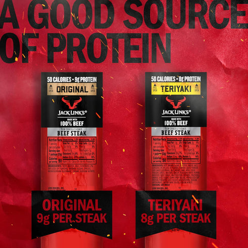 8-9g 100% (12 Pack) 0.8 oz Jack Link's Beef Steaks - Original & Teriyaki - Ready to Eat Real Meat Protein Snacks