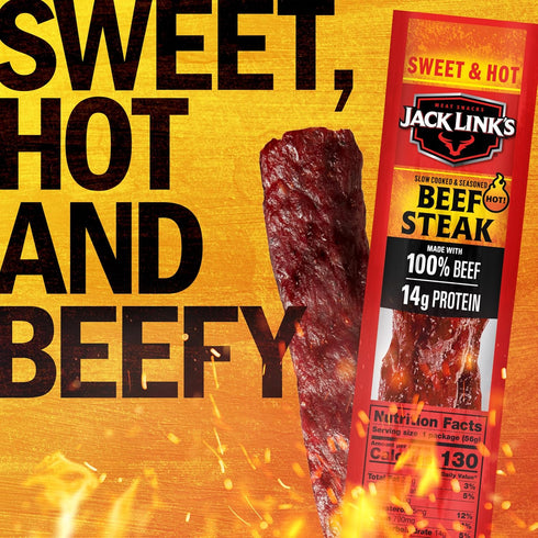 14g 100% Pack 2 Oz. (12 Count) Jack Link's Beef Steak, Sweet & Hot - Protein Snacks, Meat Snack with of Protein, Made