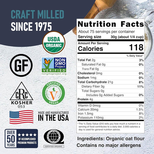 5 Lb Great River Milling Organic Oat Flour | Gluten Free Whole Grain Flour | Non-GMO, Kosher, Vegan Certified |