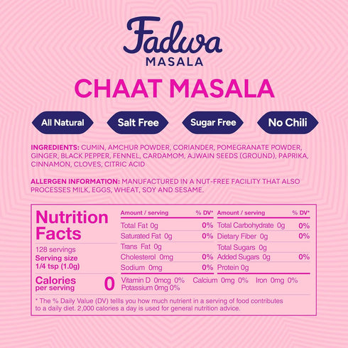 4.5 oz Fadwa Masala Chaat Masala Spice Mix - Jar, Salt & Sugar Free, Non-Spicy Authentic Desi Spices for Pakistani