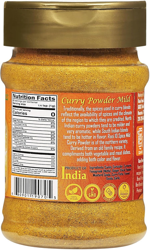 Rani Curry Powder Mild, 10-Spice Authentic Indian Blend, 3oz (85g) PET Jar, All Natural, Salt-Free, Vegan