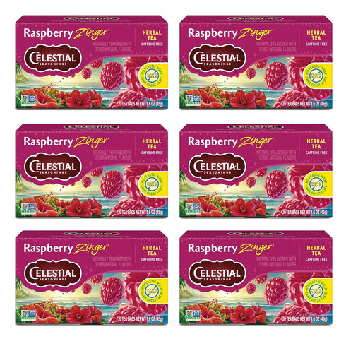 Celestial Seasonings Raspberry Zinger Herbal Tea, Caffeine Free, 20 Tea Bags Box,