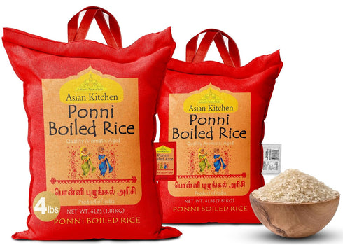4-Pound 4lbs (1.81kg) Asian Kitchen Ponni Boiled Rice Bag, Short Grain Par Boiled Rice ~ All Natural | Gluten Friendly