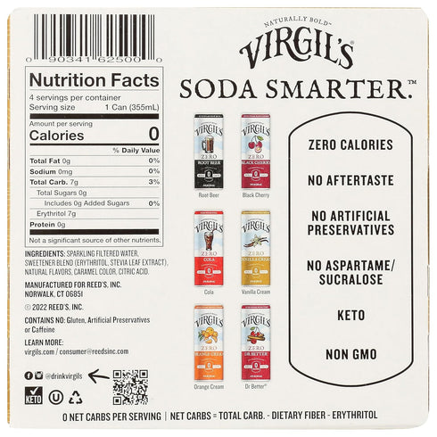 4 Pack, Virgil's Zero Sugar Vanilla Cream Soda, Cans