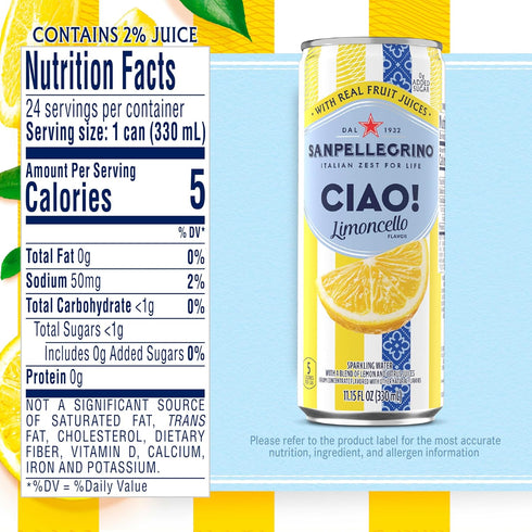24Pk Sanpellegrino Ciao Limoncello Flavored Sparkling Water, Italian Sparkling Water