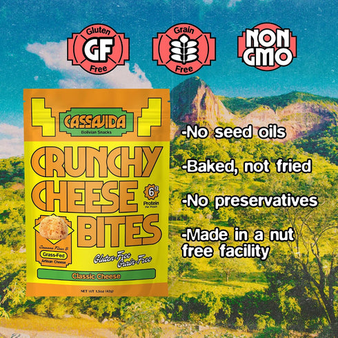 (1.5 oz, Pack 12) Cassavida Gluten Free Cheese Snack Crunchy Cassava Cheese Bites, Classic Cheese Grain Free