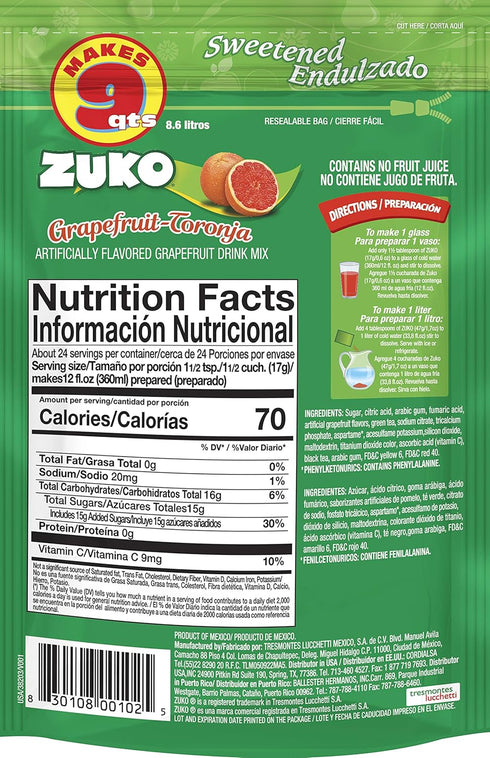 Pack, 14.1 oz (Pack 6) Zuko Grapefruit Powdered Drink Mix Family No Added Sugar Needed