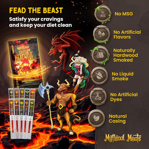 Pack 10 Mythical Meats Cryptid Heatwave Spicy Variety Legendary Exotic Game & Beef Snack Sticks Dried & Dehydrated