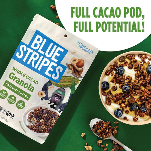 4g 7 oz Blue Stripes Whole Cacao Granola - Gluten Free Dark Chocolate Granola for Cereal, Oatmeal, Yogurt, Protein Per