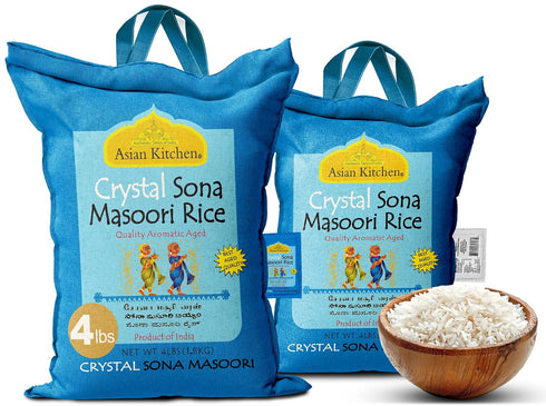 4-Pound 4lbs (1.81kg) Asian Kitchen Crystal Sona Masoori Aged Rice Bag, Short Grain Rice ~ All Natural | Gluten