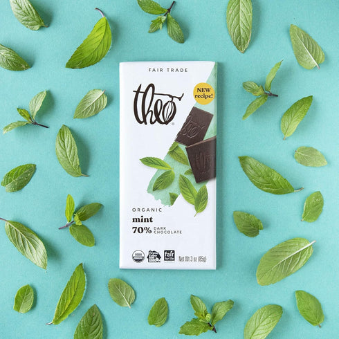 70% 1 Theo Mint Organic Dark Chocolate Bar, Cacao, Bar | Vegan, Fair Trade