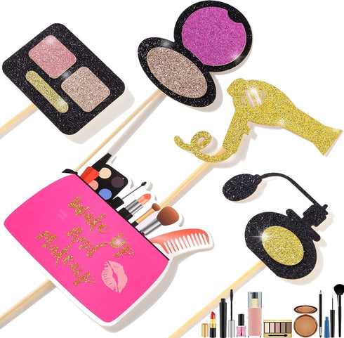 Spa Makeup Cupcake Toppers Decoration Supplies, 24Pcs Gold Glitter for Bridal Shower, Bachelorette, and 18th Birthday