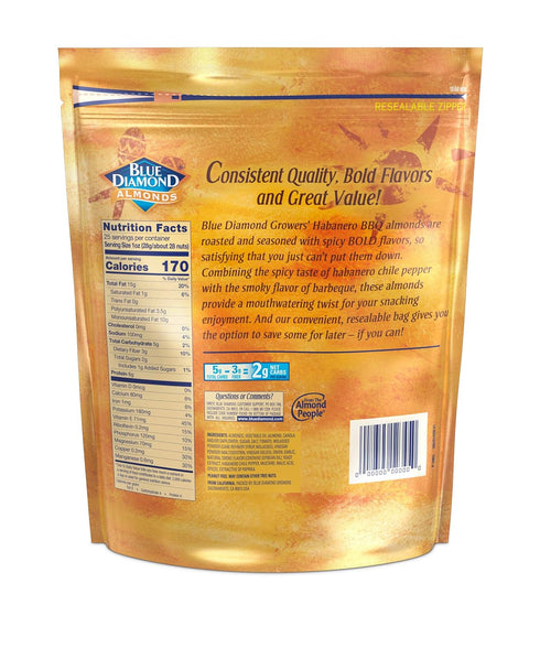 25 Oz (Pack 1) Blue Diamond Almonds Habanero BBQ Flavored Snack Nuts, Resealable Bag