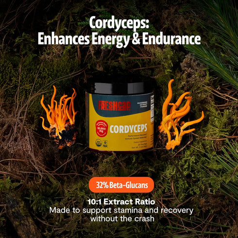 60 FreshCap Organic Mushroom Powder Supplement - Fruiting Body Extract (Cordyceps, Servings)