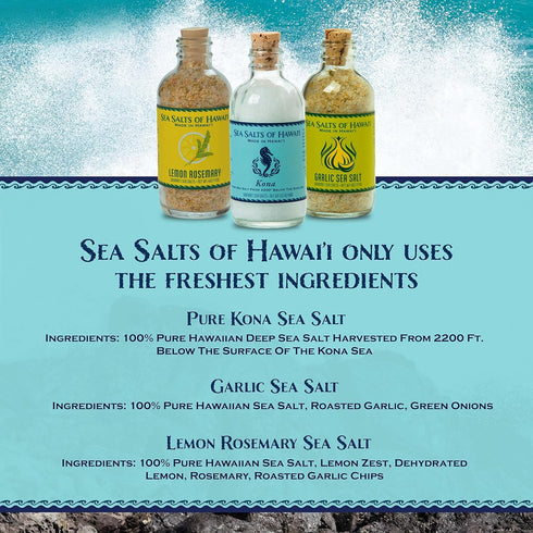 3 Pack, Sea Salts of Hawaii Variety Pure Kona Hawaiian Salt, Roasted Garlic Salt, Lemon Rosemary Flavored Hawaiian Sea