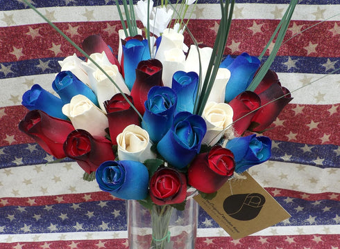 3 Dozen Primitive Patriotic Red with Black Tips, White and Blue with Dark Blue Tips Bouquet