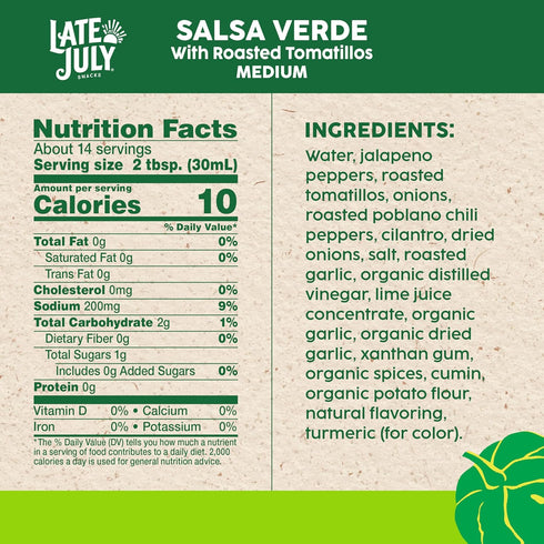 15.5 oz Late July Snacks Salsa Verde with Roasted Tomatillos, Medium, Jar