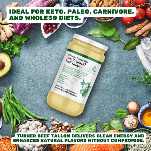 100% 14oz TURNER New Zealand Live-Grass-Fed New Zealand Beef Tallow, Ultra-Premium Cooking Fat