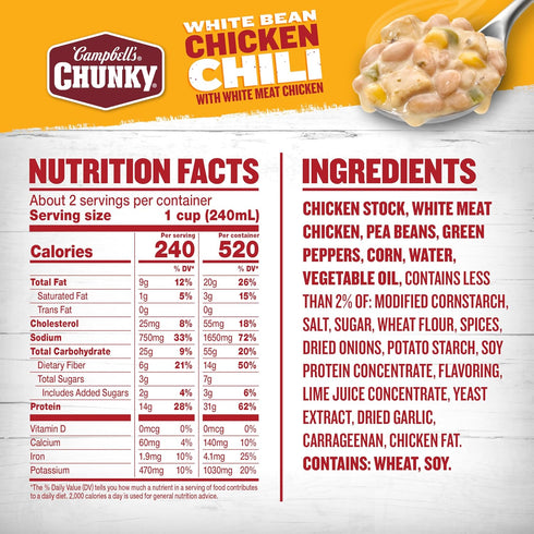 19 oz (Pack 12) Campbells Chunky White Bean Chicken Chili, Can