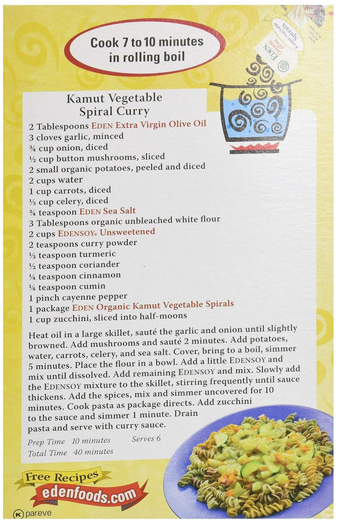 12 oz, 100% Eden Organic Kamut Vegetable Spirals, Whole Grain, Non-GMO