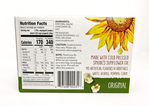 Smude's Brand All Natural Microwave Popcorn - Original | 3 Simple Ingredients – Popcorn, Smude’s Sunflower Oil, & Salt | Healthy Snack, Heart Healthy, Whole Grain | Gluten Free, Dairy Free, Non-GMO, Vegan, Kosher | PFAS-Free Bags | 1 box of 3 bags