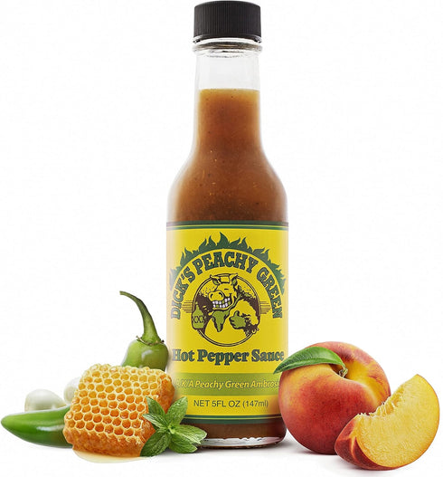 Dirty Dicks Peachy Green Hot Sauce, 5 Fl Oz - Flavorful Blend of Peppers, Peaches, and Spices (Pack of 1)