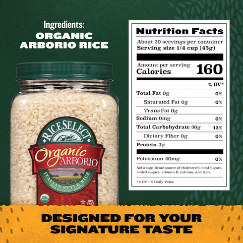 32-Ounce (Pack 1) RiceSelect Organic Arborio Rice for Italian Risotto, Premium Gluten-Free Rice, Non-GMO, Jar