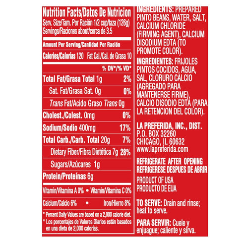 7g 6g 15oz. (Pack 6) La Preferida Canned Pinto Beans (Ready-to-Eat, Plant-Based Protein) A True Pantry Staple: Use