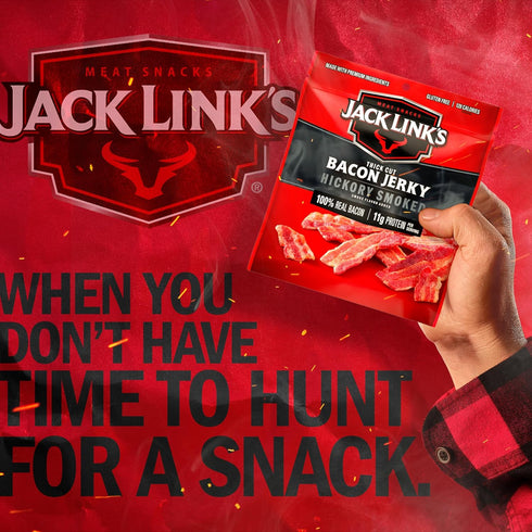 11g 100% 2.5 oz. Jack Link's Bacon Jerky, Hickory Smoked - Flavorful Ready to Eat Meat Snack with of Protein per