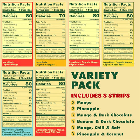 Pack 8 8 0.8oz (23g) SOLELY - Organic Fruit Jerky Variety - Flavors, Individually Wrapped Fruit Strips - Fruit Leather