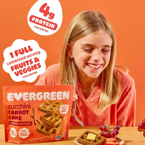 100% 1 9 Frozen Evergreen Zucchini and Carrot Cake Waffles, Whole Grain, Full Combined Serving of Fruits & Veggies