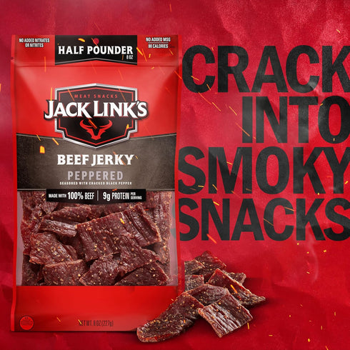 9g 100% Jack Link's Beef Jerky, Peppered, Half Pounder Large Jerky Bag - Flavorful Meat Snack, Ready to Eat Protein