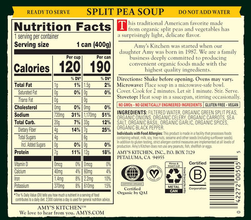 14.1 OZ (12 Pack) Amy's Soup, Vegan Split Pea Soup, Gluten Free, Made With Organic Split Peas and Vegetables, Canned