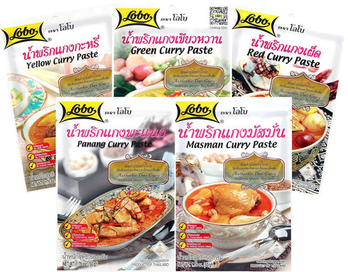 Lobo Variety Curry Paste - Red, Green, Yellow, Masaman, Panang, One of Each, 5 Total
