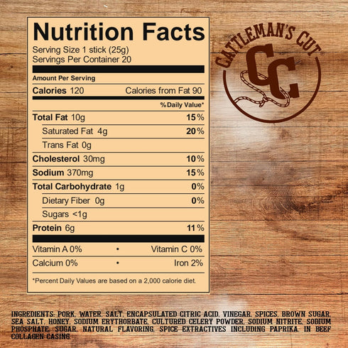 0.9 Pack 20 Cattleman's Cut Double Smoked Sausages Meat Sticks, Premium Bulk Protein Snacks, Keto Friendly, Gluten