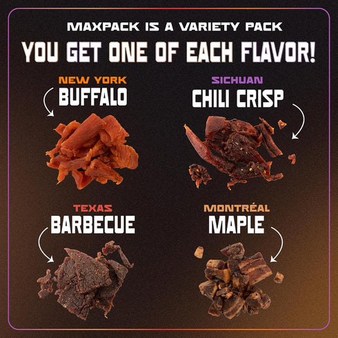Pack, (4 Pack) MaxJerky Jerky Variety Montreal Maple Bacon, Texas BBQ Beef Jerky, New York Buffalo Chicken Jerky