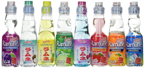 Hata Shanderia Ramune Japanese Marble Soft Drink Mix Variety 8 Flavors 8 Bottles by