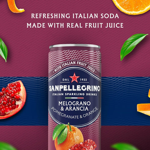 11.15 Oz Sanpellegrino Italian Sparkling Drink Melograno and Arancia, Sparkling Orange and Pomegranate Beverage, Fl Can