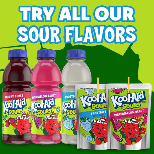 10 6 oz Kool-Aid Sours Artificially Flavored Drink, Pouches, for On-the-Go Hydration, Frostbite, Sour Candy Flavor, No