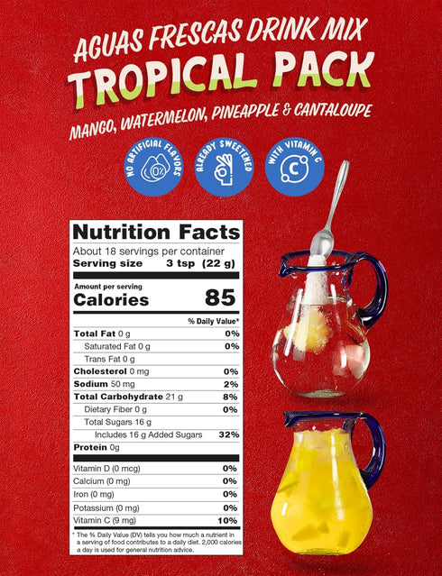 Pack 28 36 (56 72 Klass Aguas Frescas Drink Mix Tropical Variety - Watermelon, Cantaloupe, Mango & Pineapple - Powder