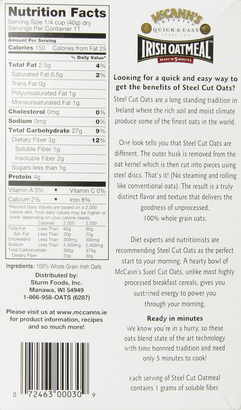 16 Mccann's Quick and Easy Steel Cut Irish Oatmeal, Ounce